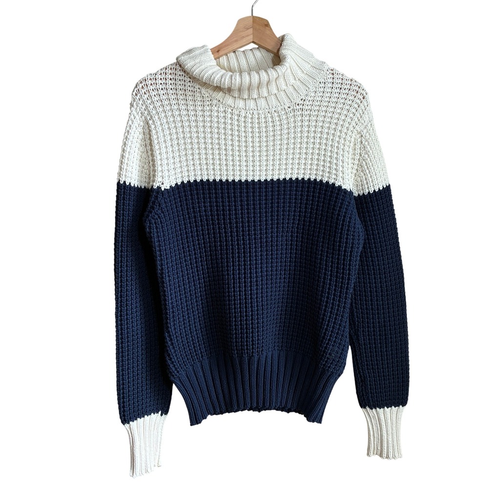 El Ganso Colorblock Waffle Knit Turtleneck Sweater Large Navy White Mens Cotton